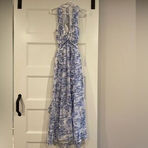 Abercrombie & Fitch Blue and White Lace-up Halter Maxi Dress